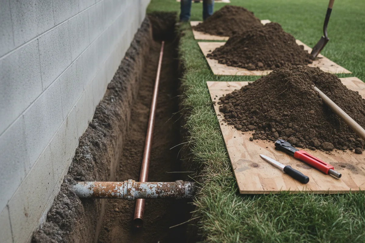 Excavated water line trench during Water Softener Installation in Sewanee